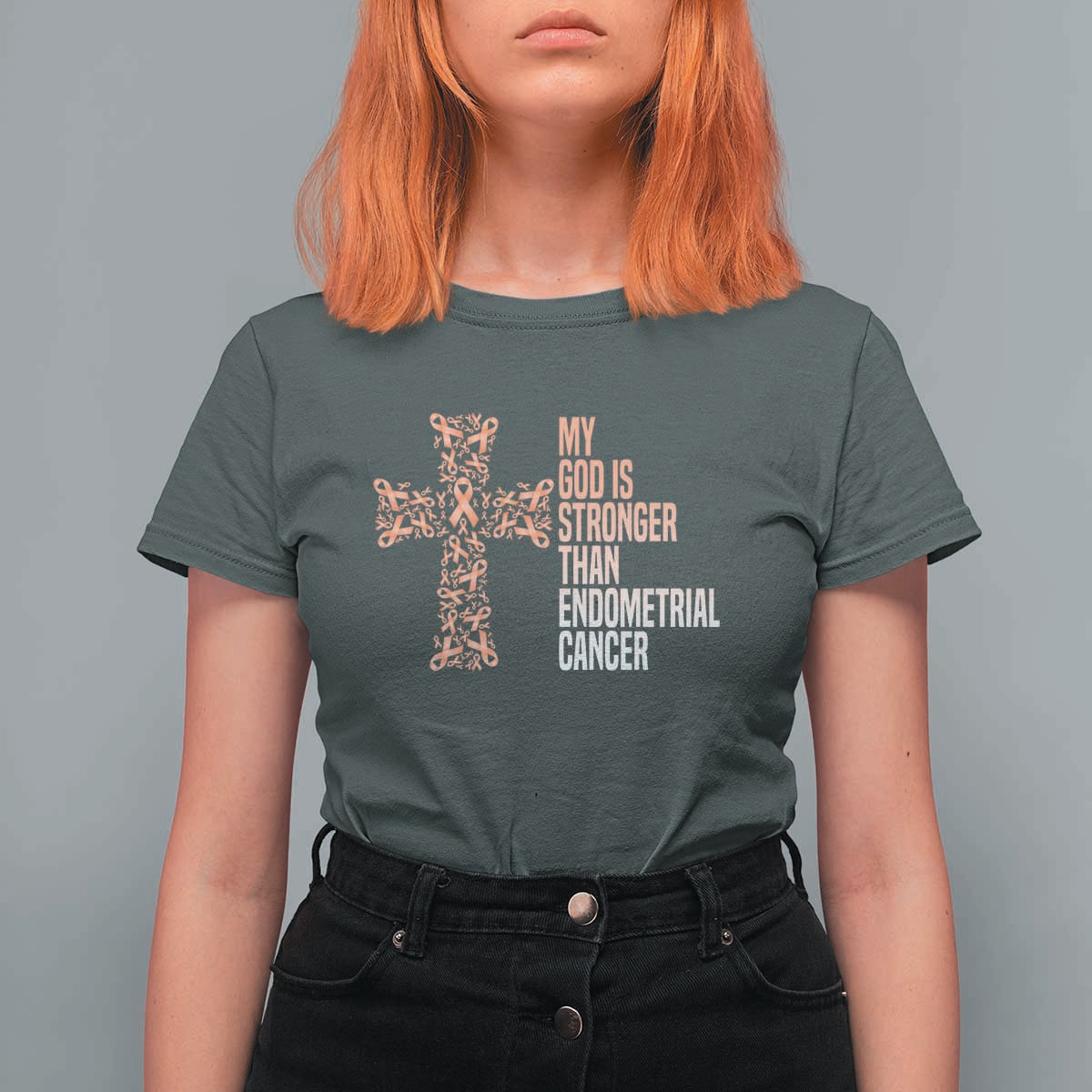 Religious Endometrial Cancer Awareness T Shirt For Women My God Is Stronger Than Cancer
