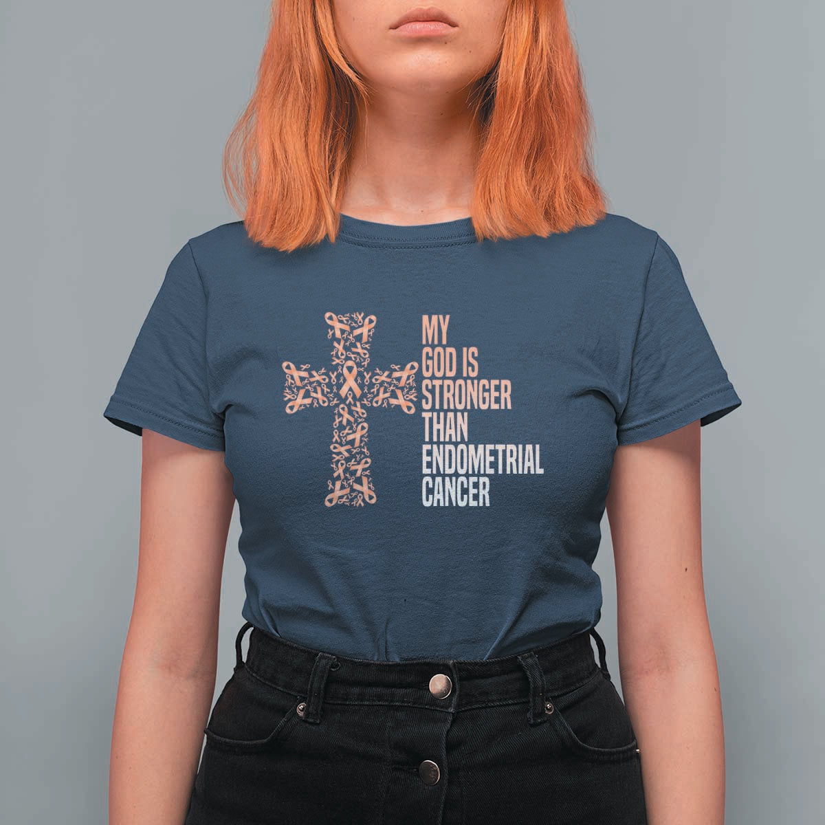 Religious Endometrial Cancer Awareness T Shirt For Women My God Is Stronger Than Cancer