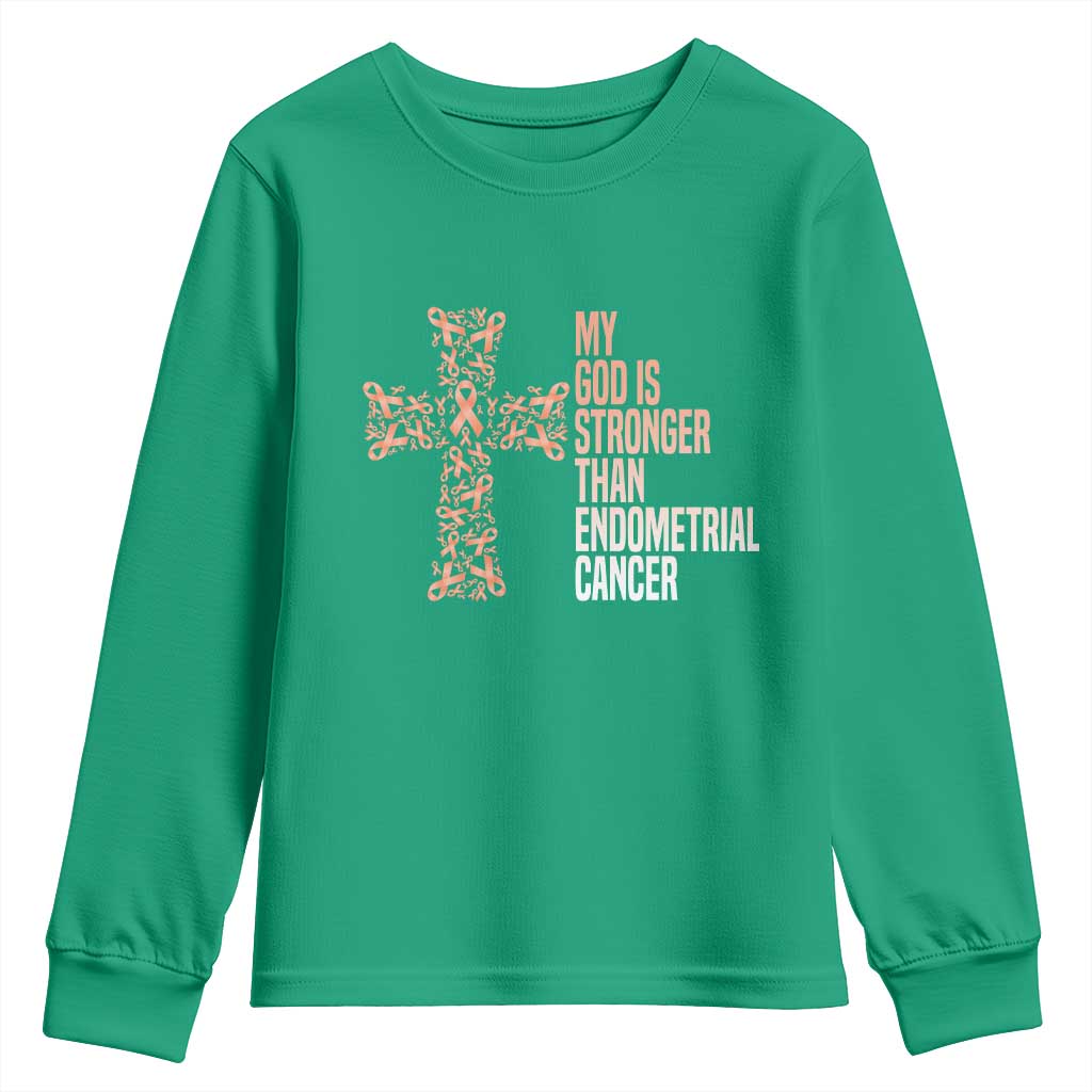 Religious Endometrial Cancer Awareness Youth Sweatshirt My God Is Stronger Than Cancer