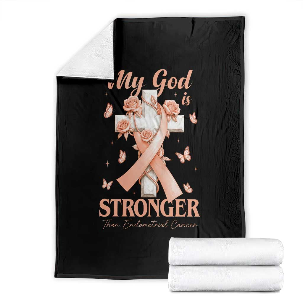 My God Is Stronger Than Endometrial Cancer Throw Blanket Christian Peach Ribbon