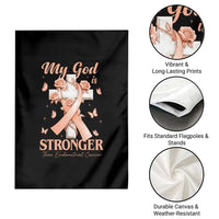 My God Is Stronger Than Endometrial Cancer Garden Flag Christian Peach Ribbon