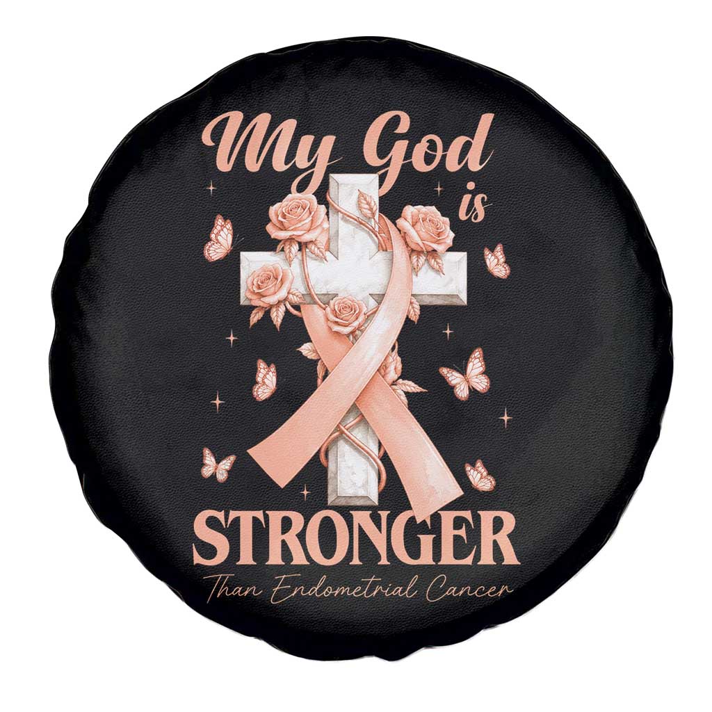 My God Is Stronger Than Endometrial Cancer Spare Tire Cover Christian Peach Ribbon