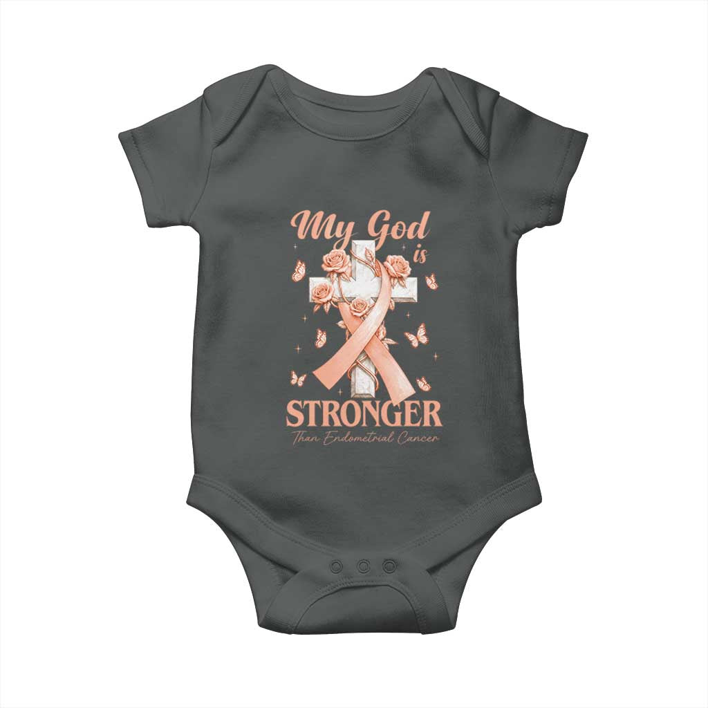 My God Is Stronger Than Endometrial Cancer Baby Onesie Christian Peach Ribbon