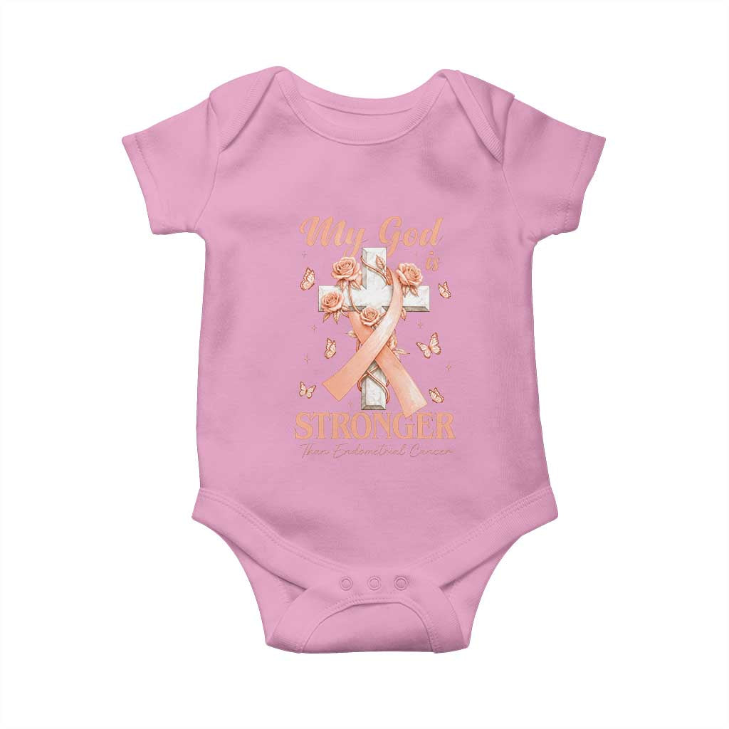 My God Is Stronger Than Endometrial Cancer Baby Onesie Christian Peach Ribbon