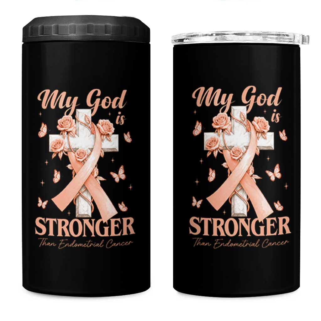 My God Is Stronger Than Endometrial Cancer 4 in 1 Can Cooler Tumbler Christian Peach Ribbon