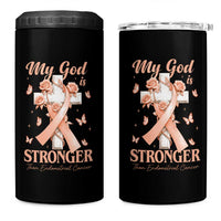 My God Is Stronger Than Endometrial Cancer 4 in 1 Can Cooler Tumbler Christian Peach Ribbon