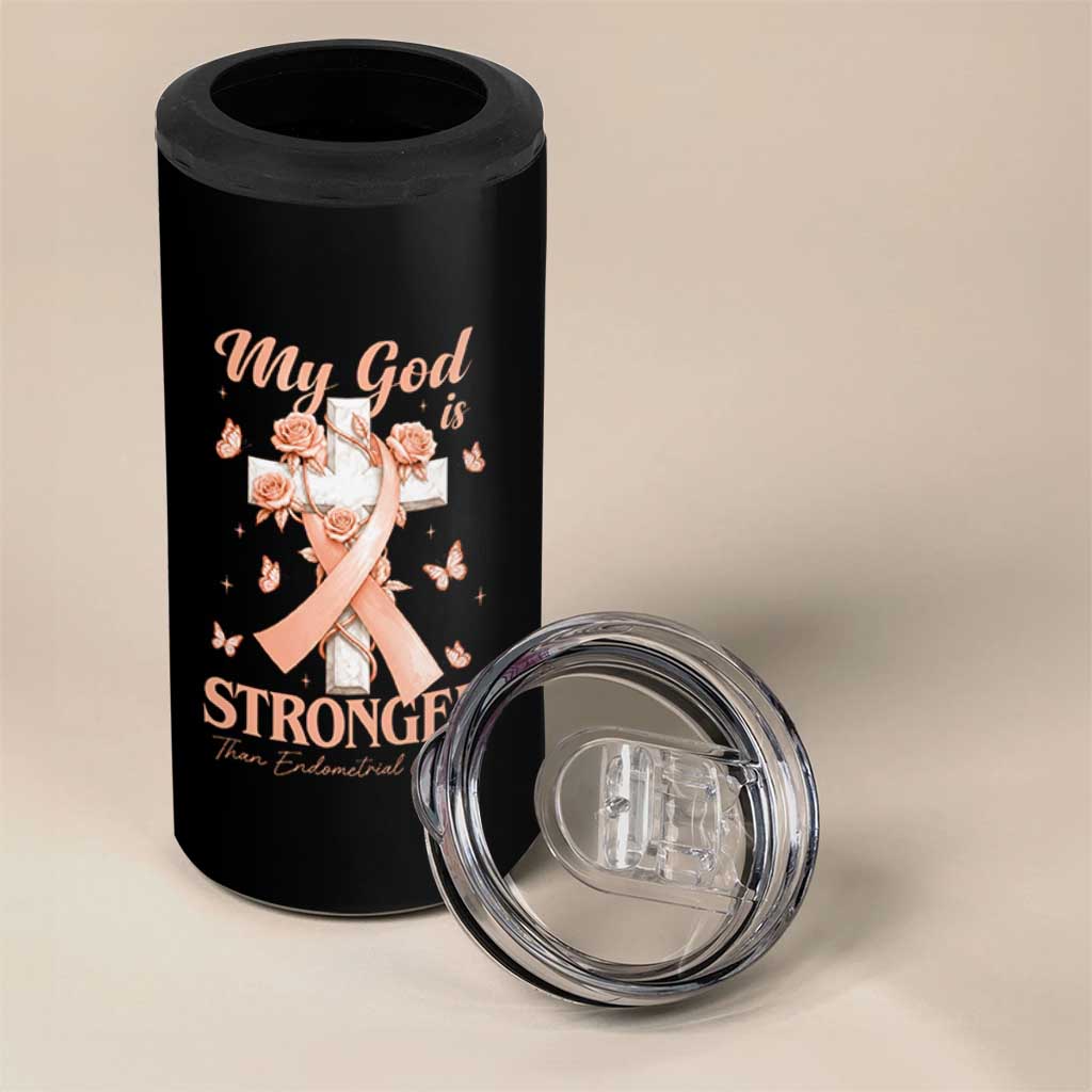 My God Is Stronger Than Endometrial Cancer 4 in 1 Can Cooler Tumbler Christian Peach Ribbon