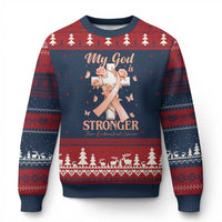 My God Is Stronger Than Endometrial Cancer Ugly Christmas Sweater Christian Peach Ribbon