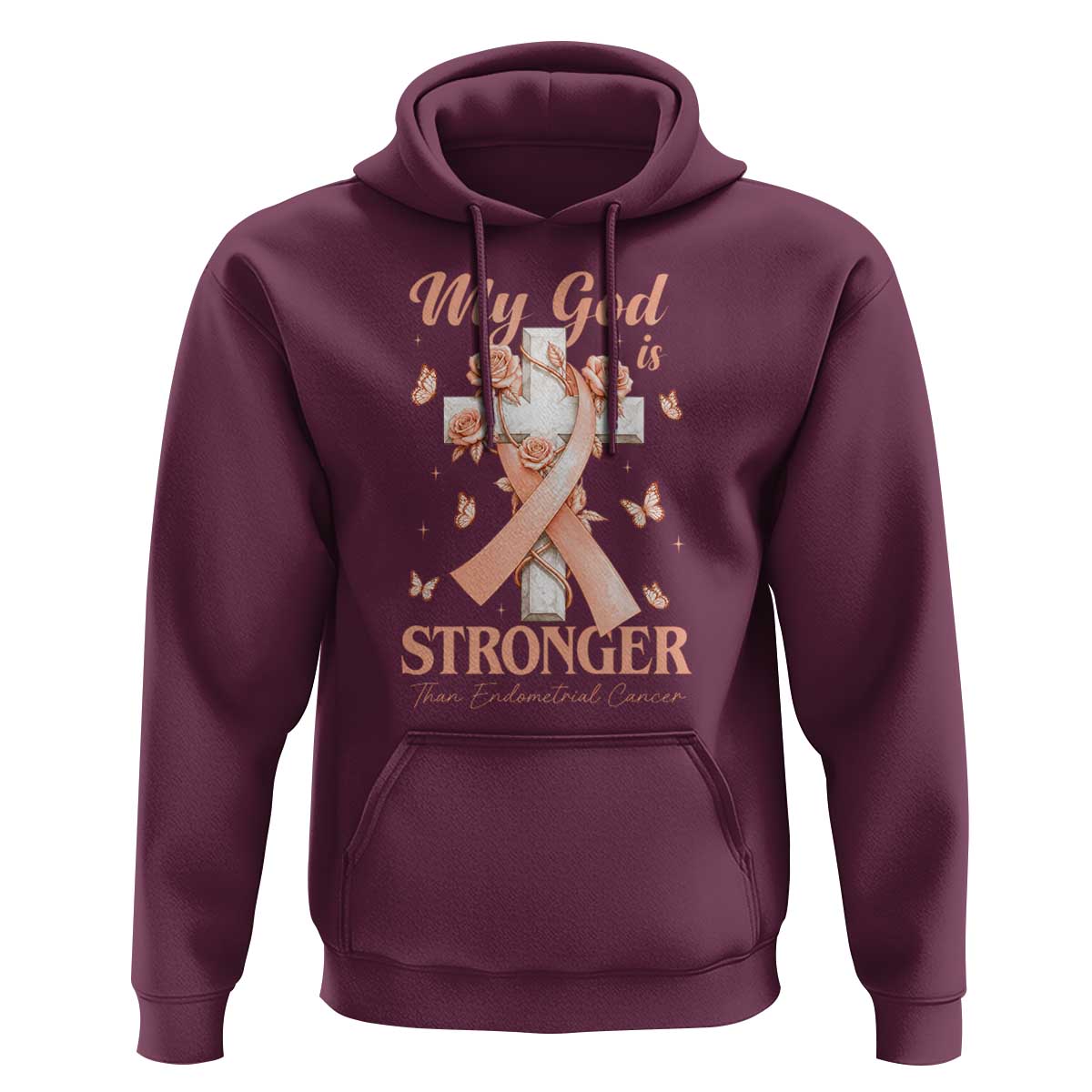 My God Is Stronger Than Endometrial Cancer Hoodie Christian Peach Ribbon