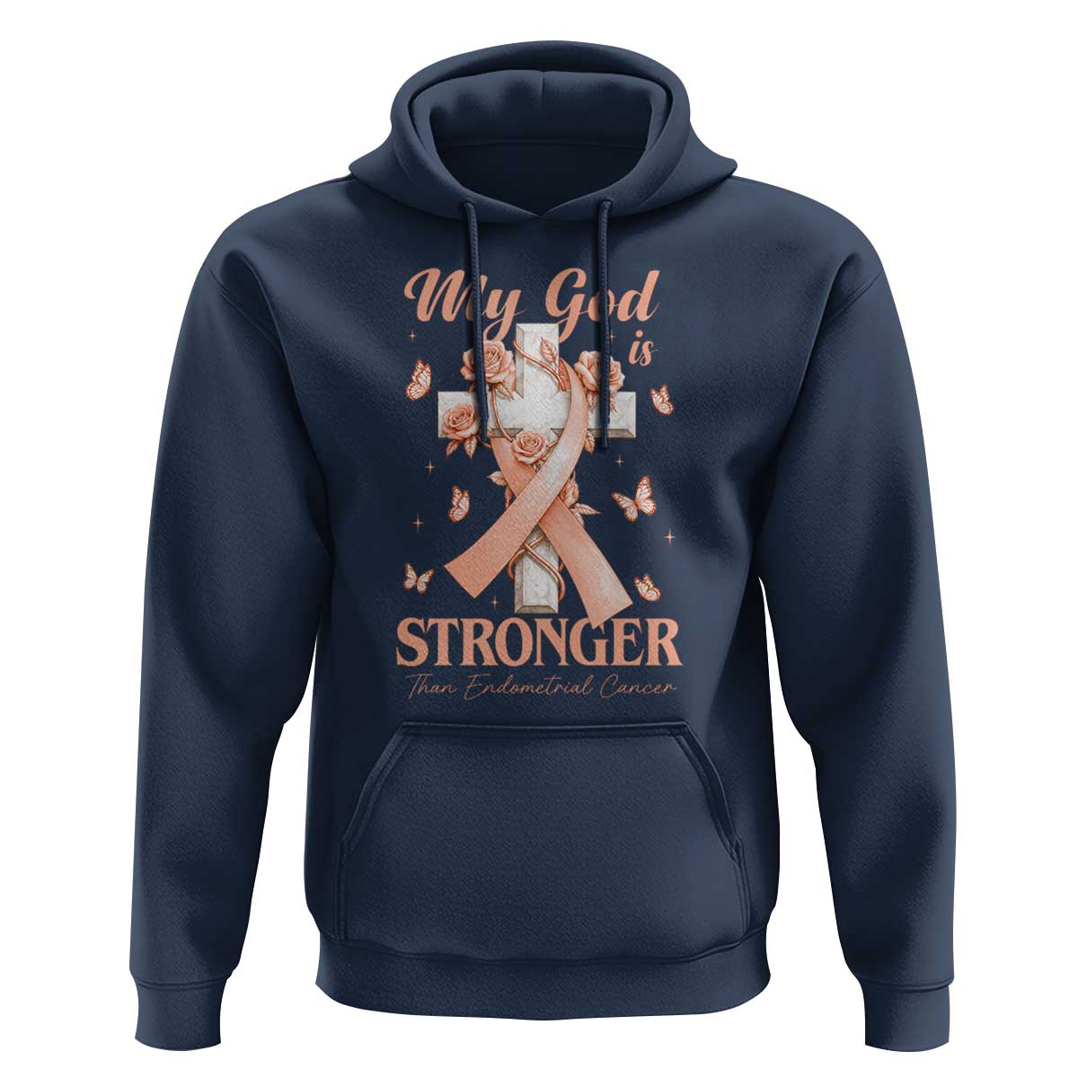 My God Is Stronger Than Endometrial Cancer Hoodie Christian Peach Ribbon