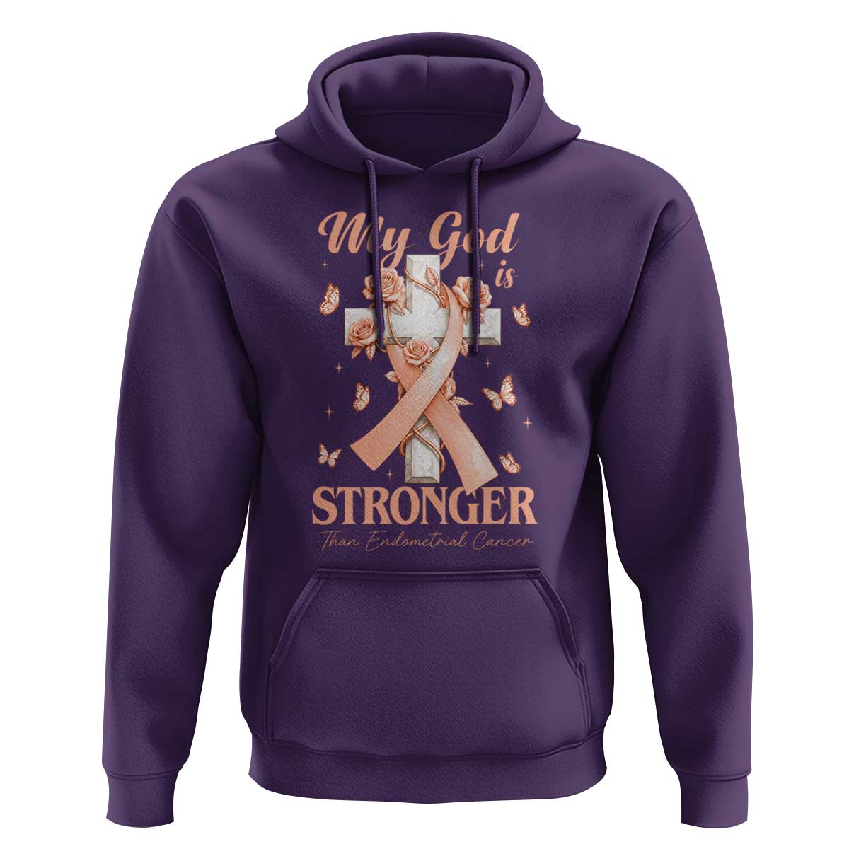 My God Is Stronger Than Endometrial Cancer Hoodie Christian Peach Ribbon