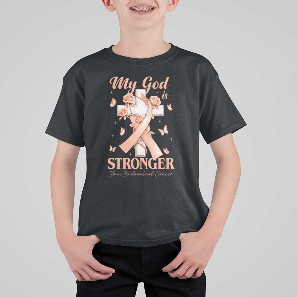 My God Is Stronger Than Endometrial Cancer T Shirt For Kid Christian Peach Ribbon