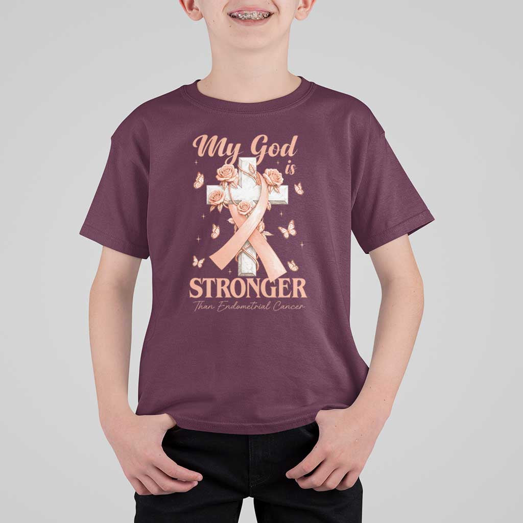 My God Is Stronger Than Endometrial Cancer T Shirt For Kid Christian Peach Ribbon