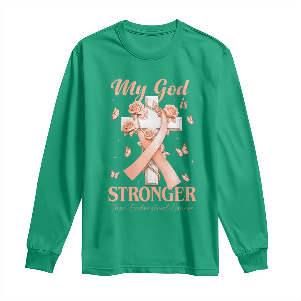 My God Is Stronger Than Endometrial Cancer Long Sleeve Shirt Christian Peach Ribbon