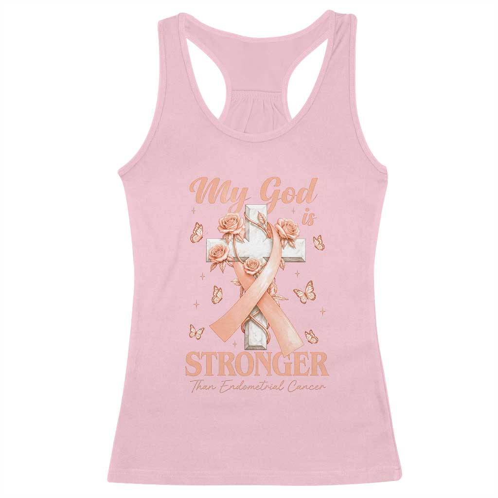 My God Is Stronger Than Endometrial Cancer Racerback Tank Top Christian Peach Ribbon
