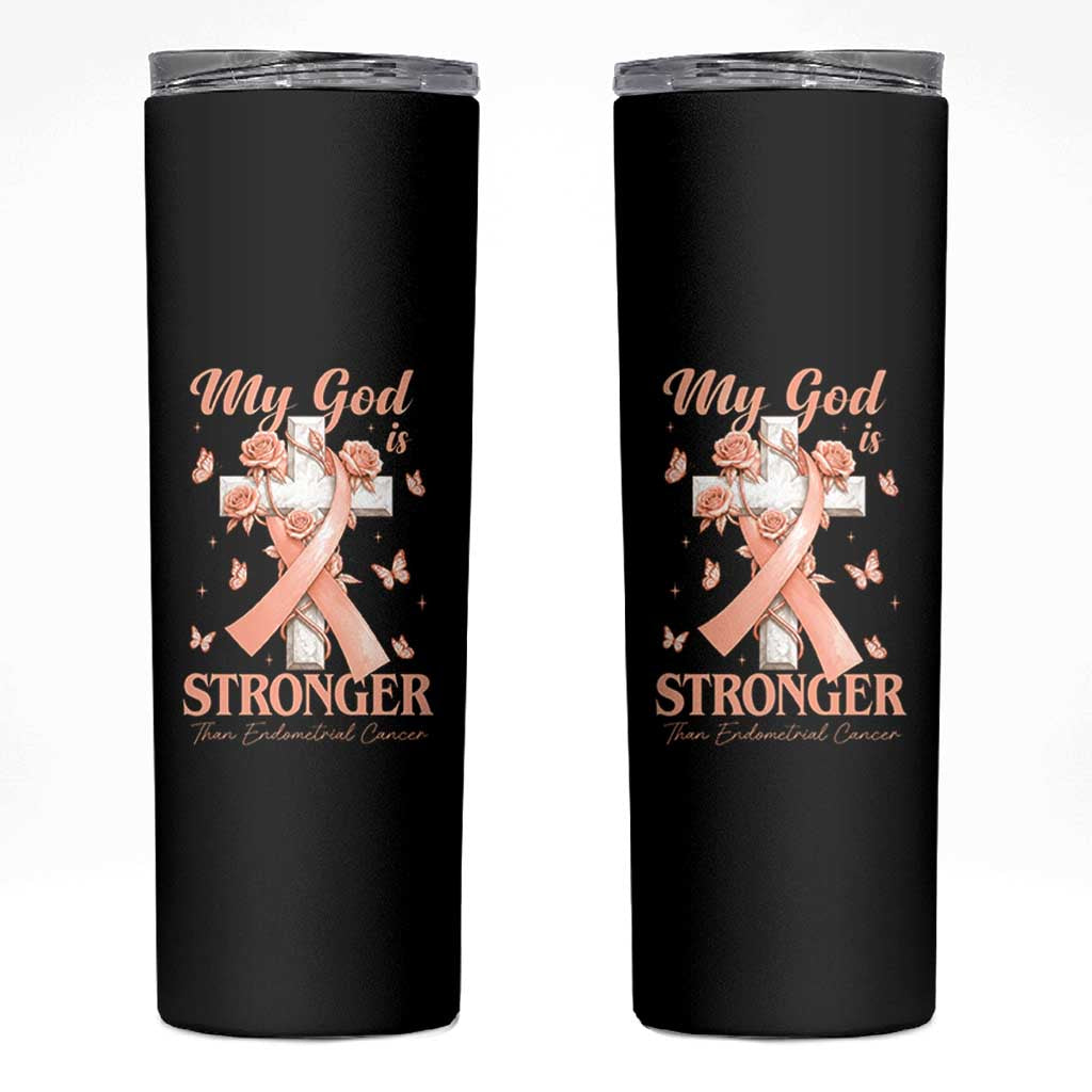 My God Is Stronger Than Endometrial Cancer Skinny Tumbler Christian Peach Ribbon