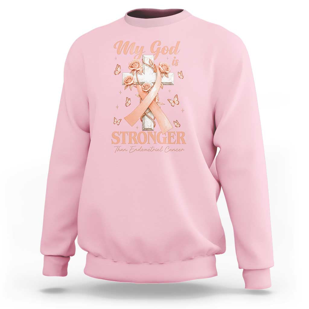 My God Is Stronger Than Endometrial Cancer Sweatshirt Christian Peach Ribbon