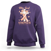 My God Is Stronger Than Endometrial Cancer Sweatshirt Christian Peach Ribbon