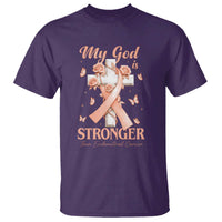 My God Is Stronger Than Endometrial Cancer T Shirt Christian Peach Ribbon