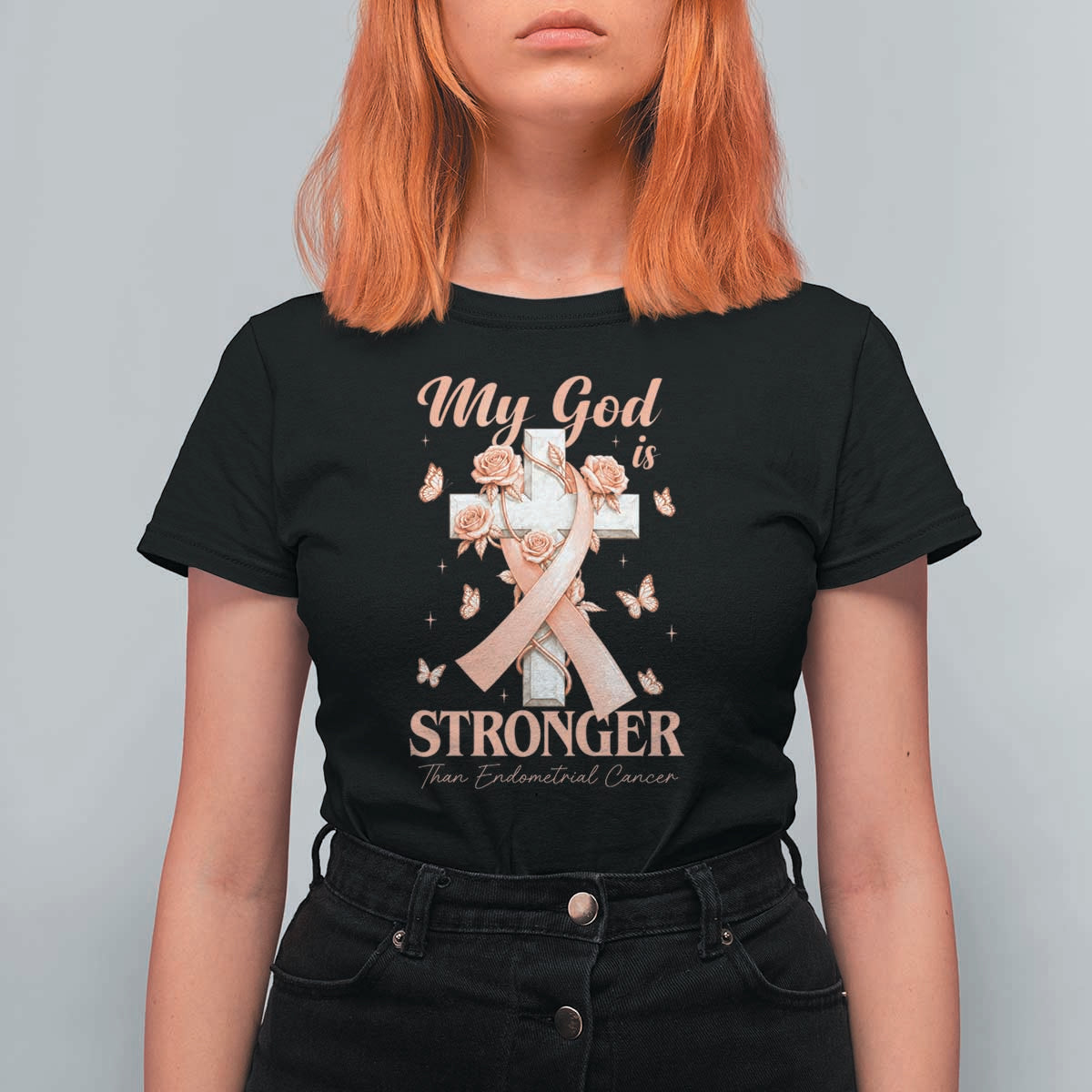 My God Is Stronger Than Endometrial Cancer T Shirt For Women Christian Peach Ribbon