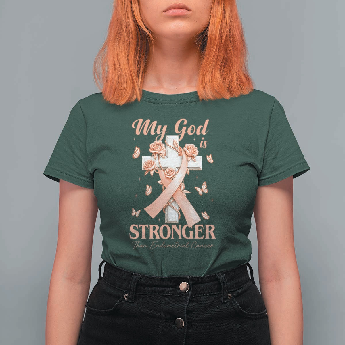 My God Is Stronger Than Endometrial Cancer T Shirt For Women Christian Peach Ribbon