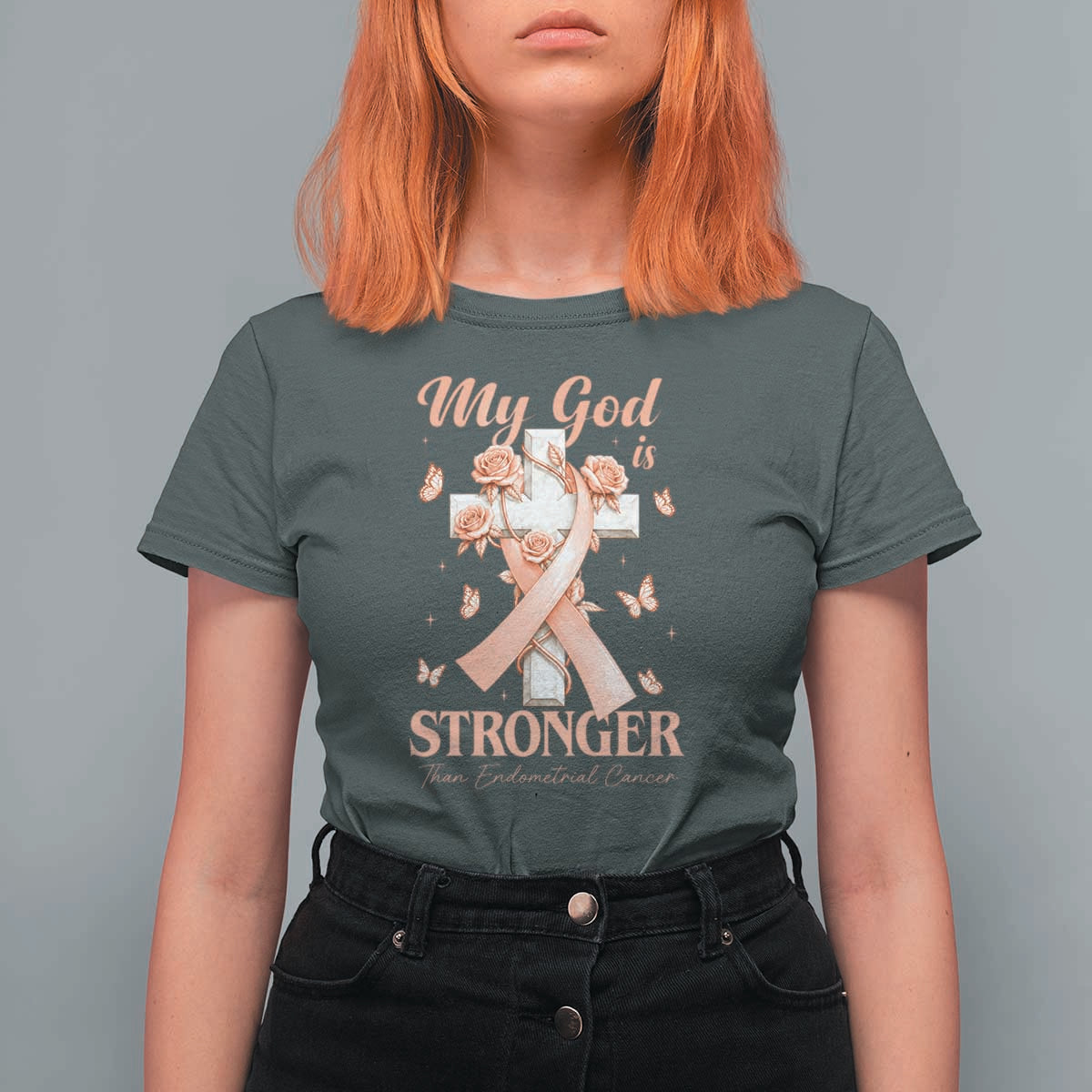 My God Is Stronger Than Endometrial Cancer T Shirt For Women Christian Peach Ribbon