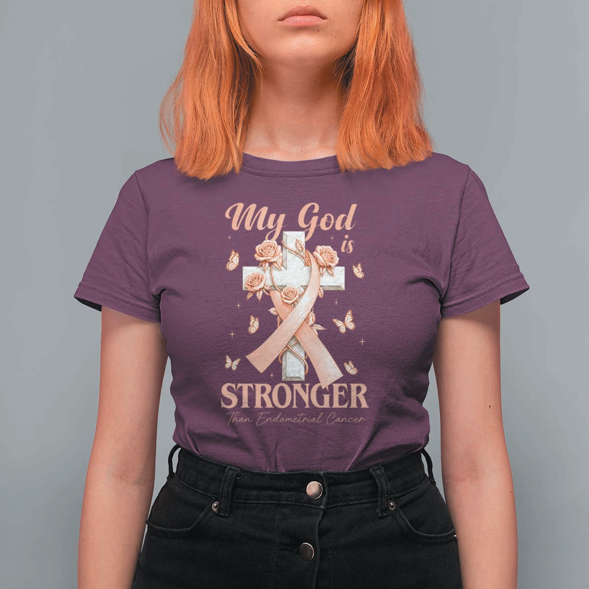 My God Is Stronger Than Endometrial Cancer T Shirt For Women Christian Peach Ribbon