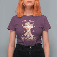 My God Is Stronger Than Endometrial Cancer T Shirt For Women Christian Peach Ribbon