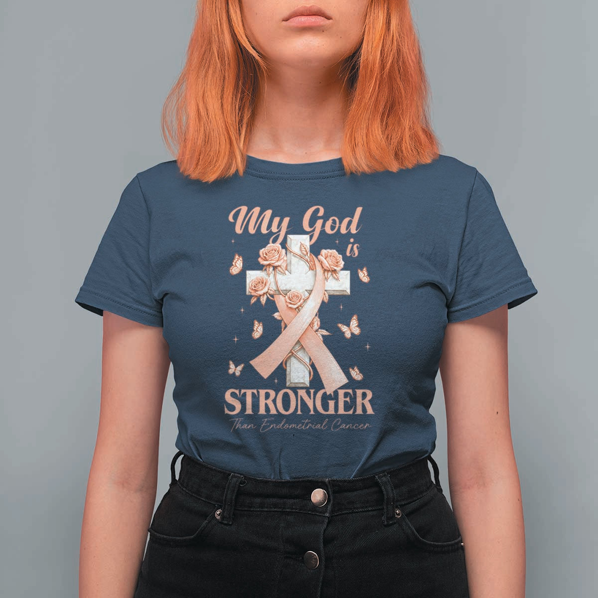 My God Is Stronger Than Endometrial Cancer T Shirt For Women Christian Peach Ribbon