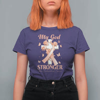 My God Is Stronger Than Endometrial Cancer T Shirt For Women Christian Peach Ribbon