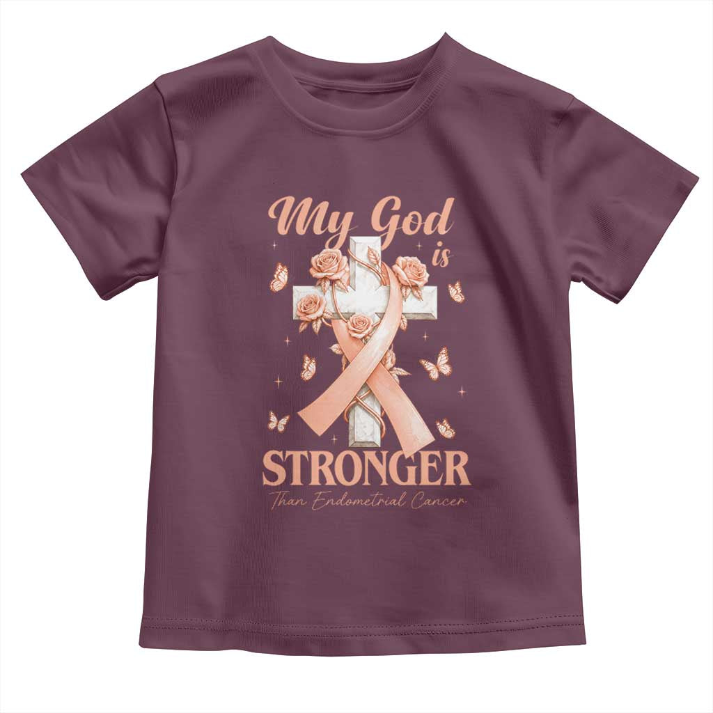 My God Is Stronger Than Endometrial Cancer Toddler T Shirt Christian Peach Ribbon