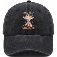 My God Is Stronger Than Endometrial Cancer Washed Cotton Baseball Cap Christian Peach Ribbon