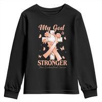 My God Is Stronger Than Endometrial Cancer Youth Sweatshirt Christian Peach Ribbon