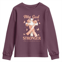My God Is Stronger Than Endometrial Cancer Youth Sweatshirt Christian Peach Ribbon