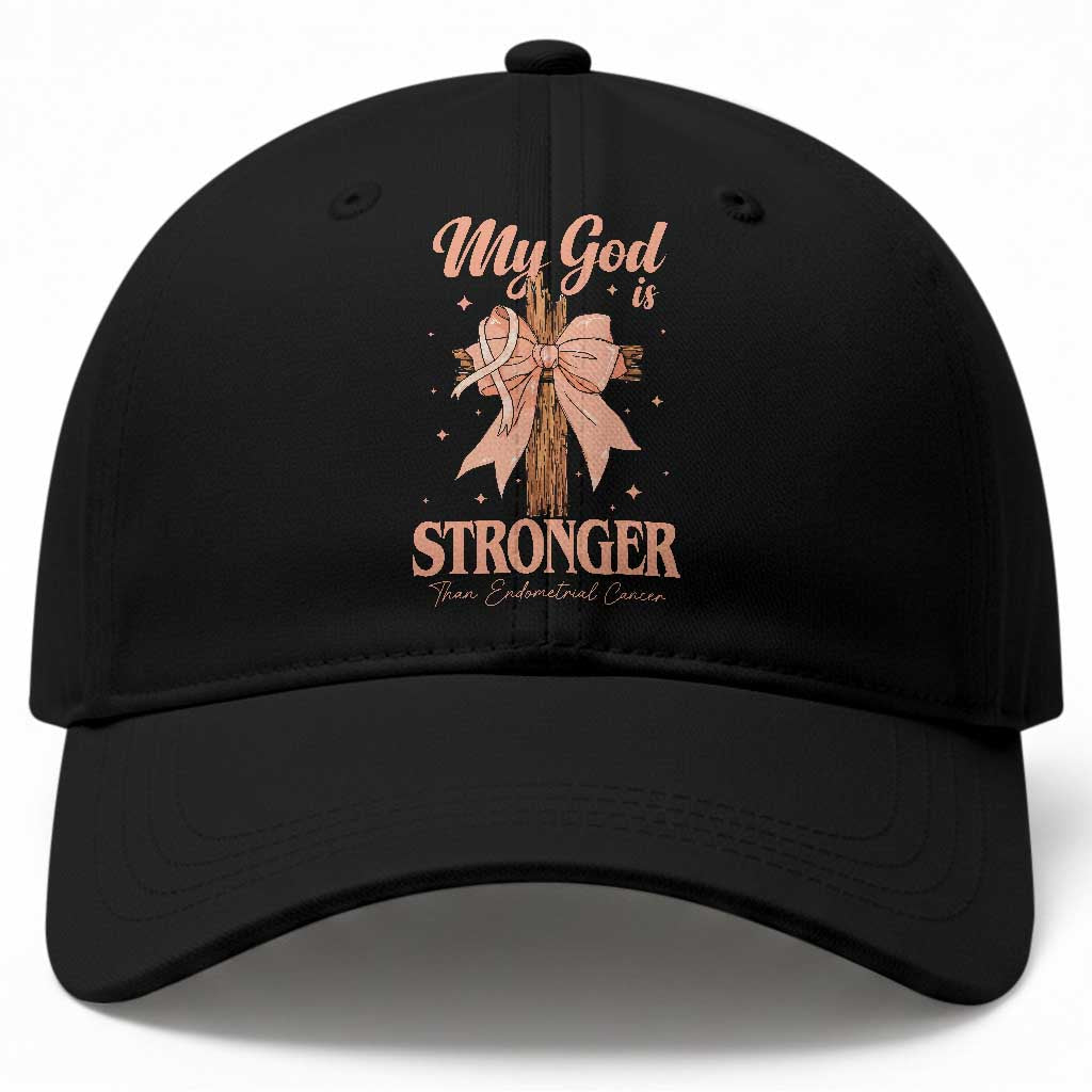Endometrial Cancer Faith Peach Ribbon Baseball Cap My God Is Stronger Than Endometrial Cancer