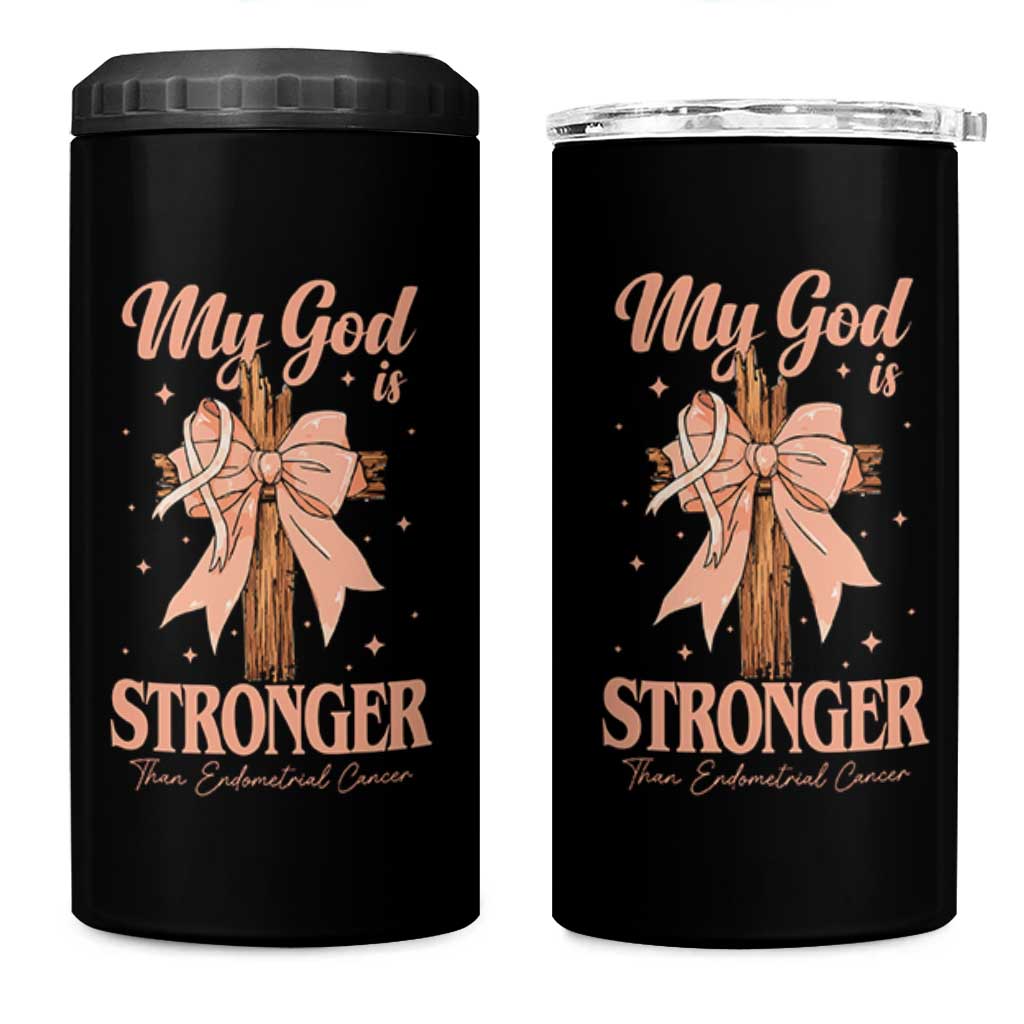 Endometrial Cancer Faith Peach Ribbon 4 in 1 Can Cooler Tumbler My God Is Stronger Than Endometrial Cancer