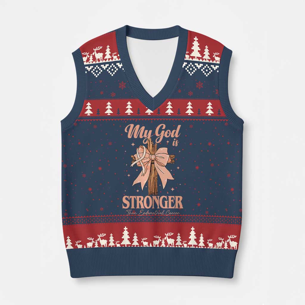 Endometrial Cancer Faith Peach Ribbon V-Neck Knit Sweater Vest My God Is Stronger Than Endometrial Cancer