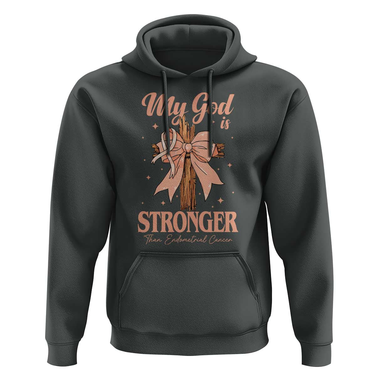 Endometrial Cancer Faith Peach Ribbon Hoodie My God Is Stronger Than Endometrial Cancer