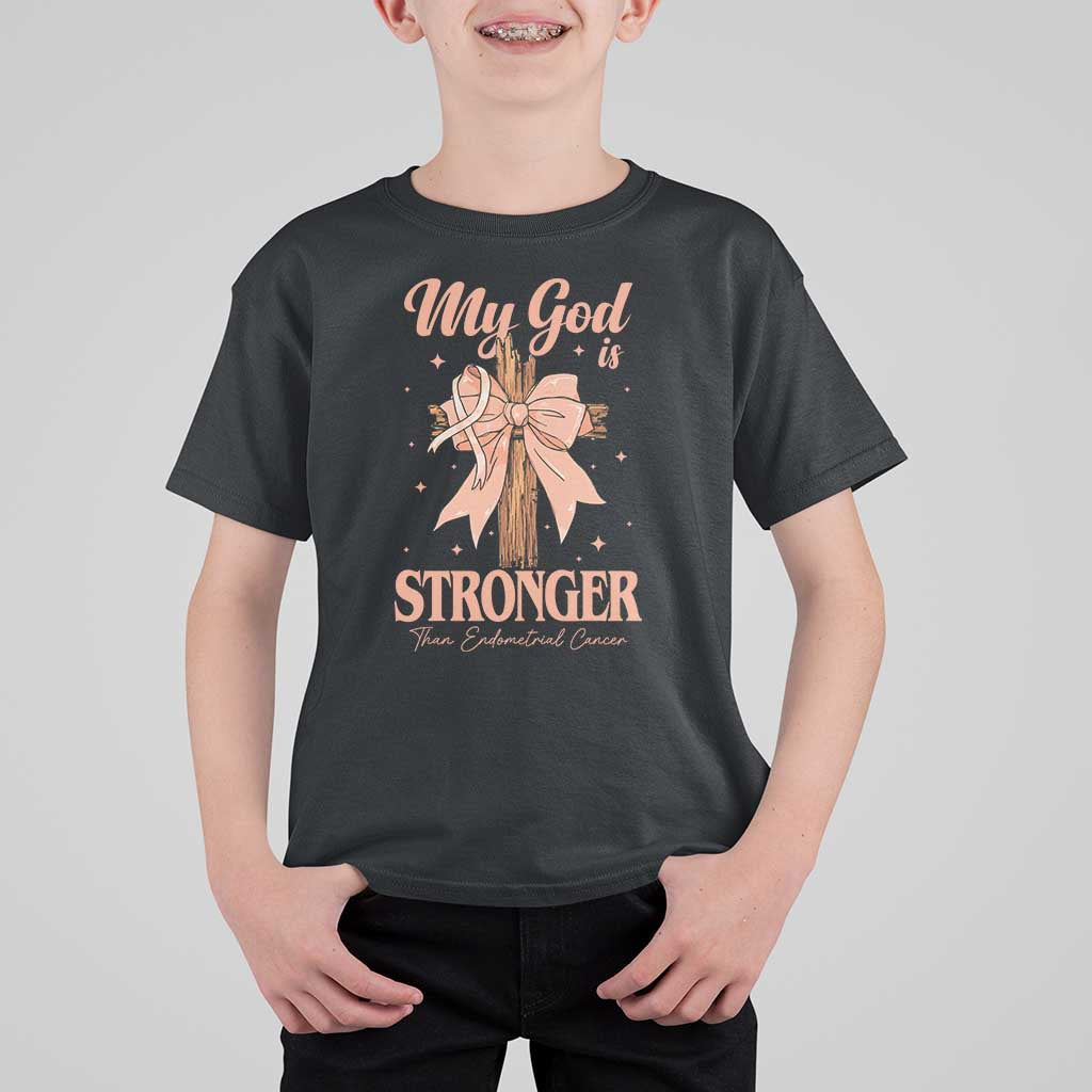 Endometrial Cancer Faith Peach Ribbon T Shirt For Kid My God Is Stronger Than Endometrial Cancer