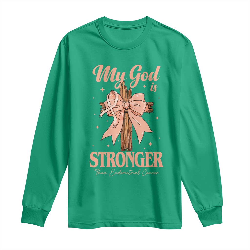 Endometrial Cancer Faith Peach Ribbon Long Sleeve Shirt My God Is Stronger Than Endometrial Cancer