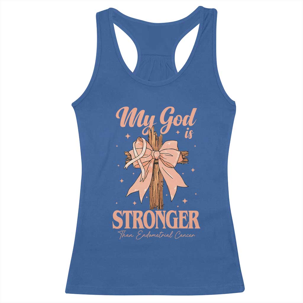 Endometrial Cancer Faith Peach Ribbon Racerback Tank Top My God Is Stronger Than Endometrial Cancer