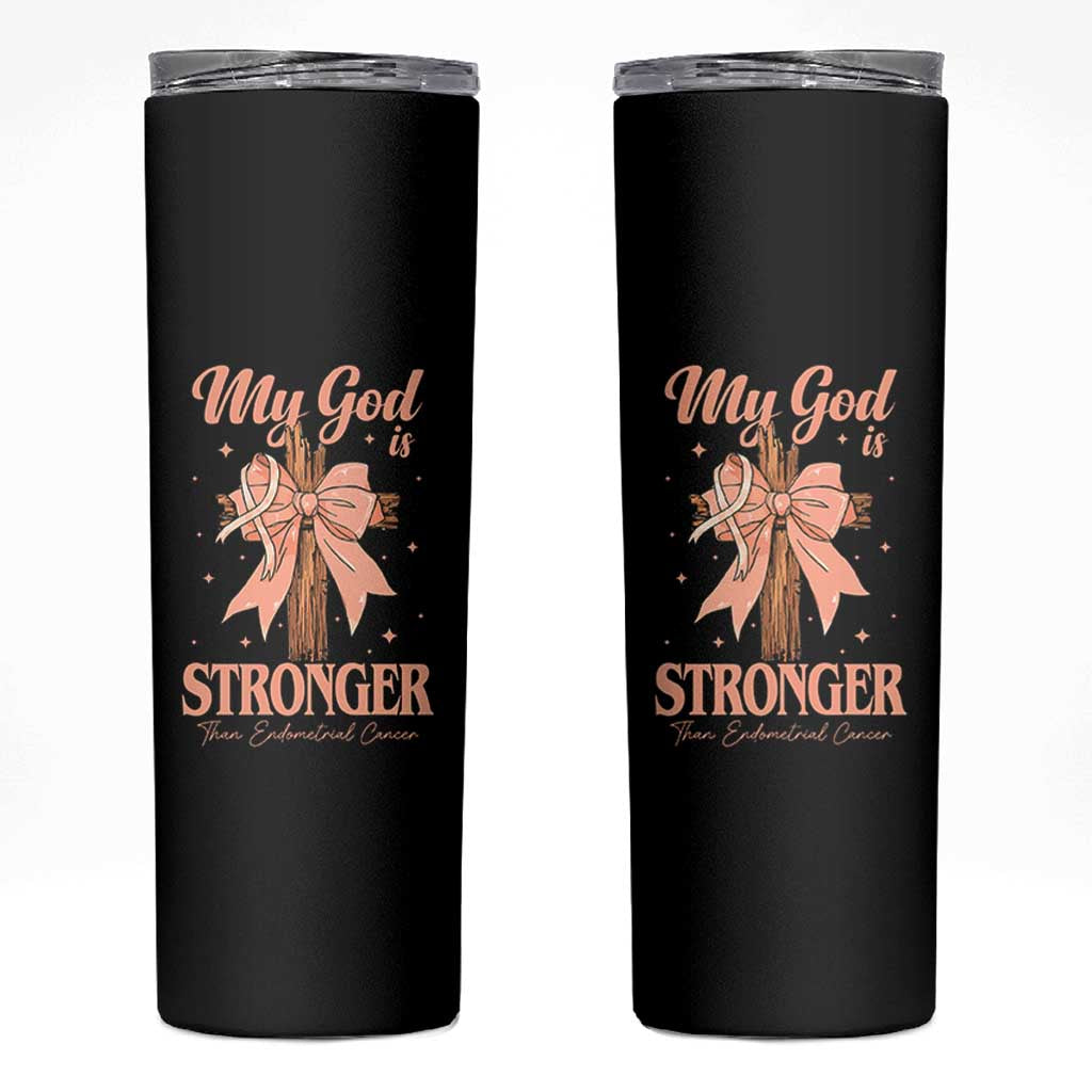 Endometrial Cancer Faith Peach Ribbon Skinny Tumbler My God Is Stronger Than Endometrial Cancer