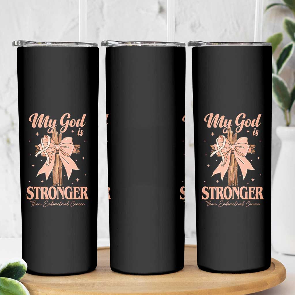 Endometrial Cancer Faith Peach Ribbon Skinny Tumbler My God Is Stronger Than Endometrial Cancer