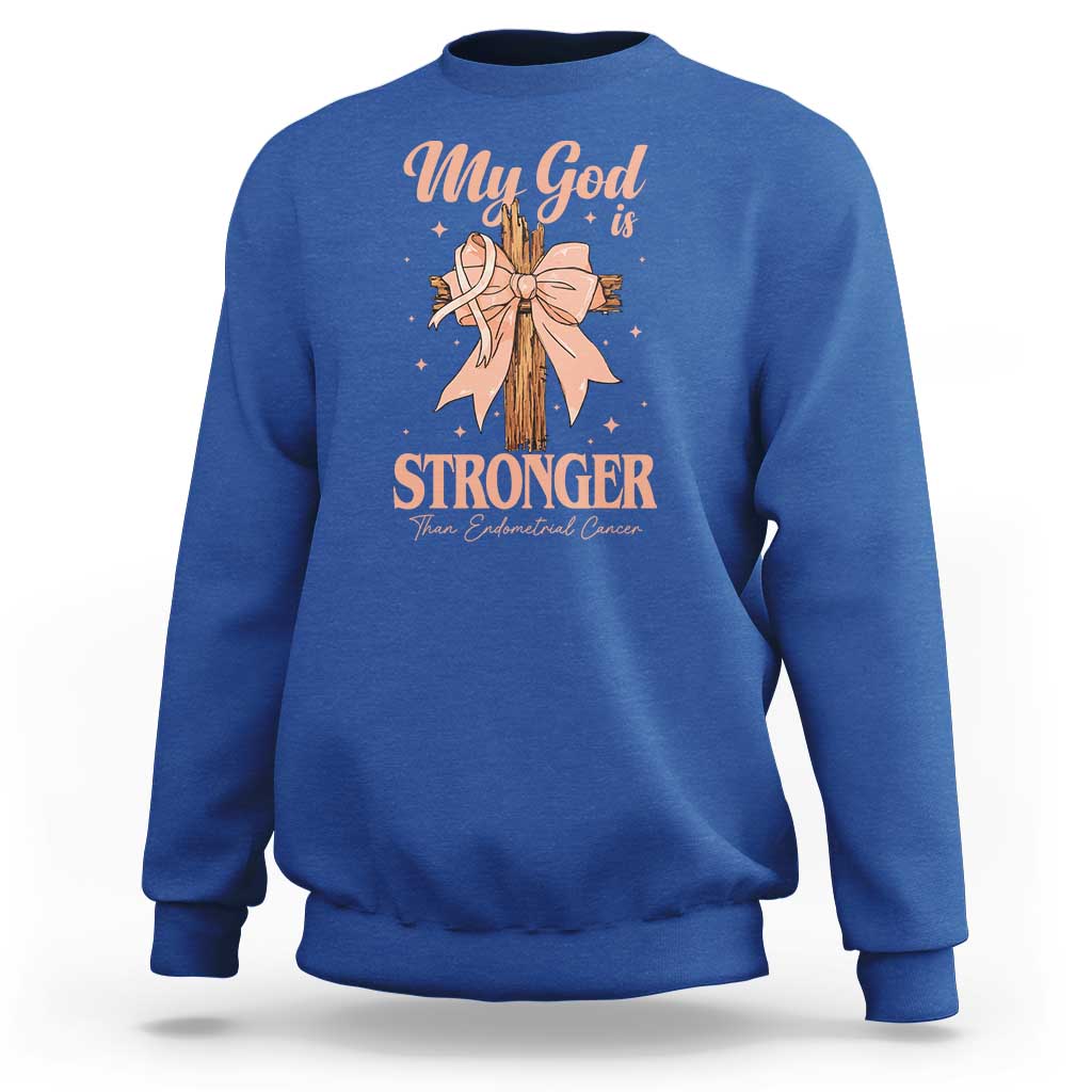 Endometrial Cancer Faith Peach Ribbon Sweatshirt My God Is Stronger Than Endometrial Cancer