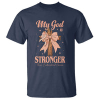 Endometrial Cancer Faith Peach Ribbon T Shirt My God Is Stronger Than Endometrial Cancer