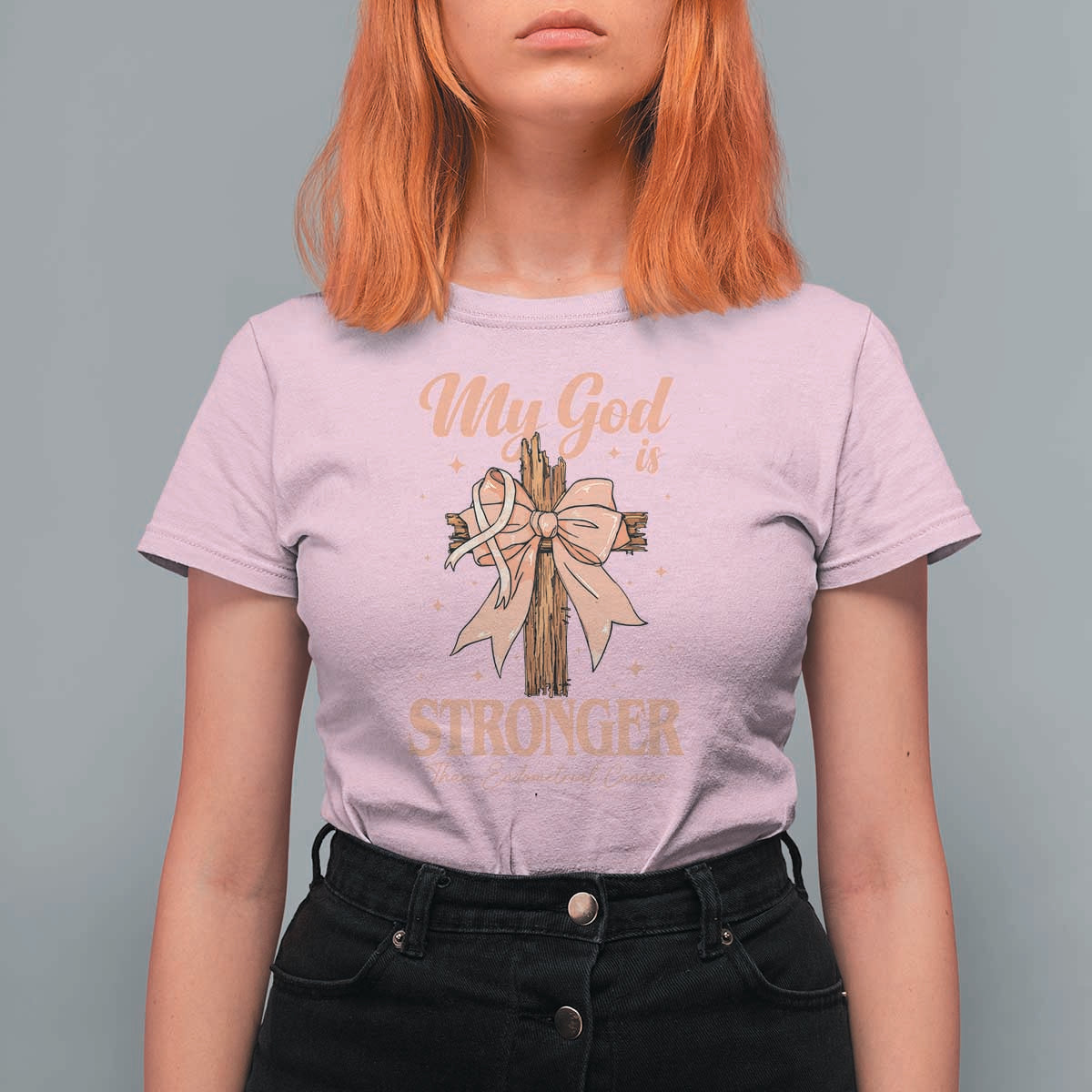 Endometrial Cancer Faith Peach Ribbon T Shirt For Women My God Is Stronger Than Endometrial Cancer