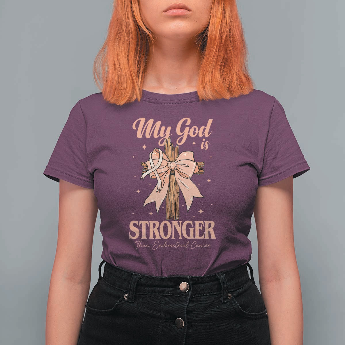 Endometrial Cancer Faith Peach Ribbon T Shirt For Women My God Is Stronger Than Endometrial Cancer