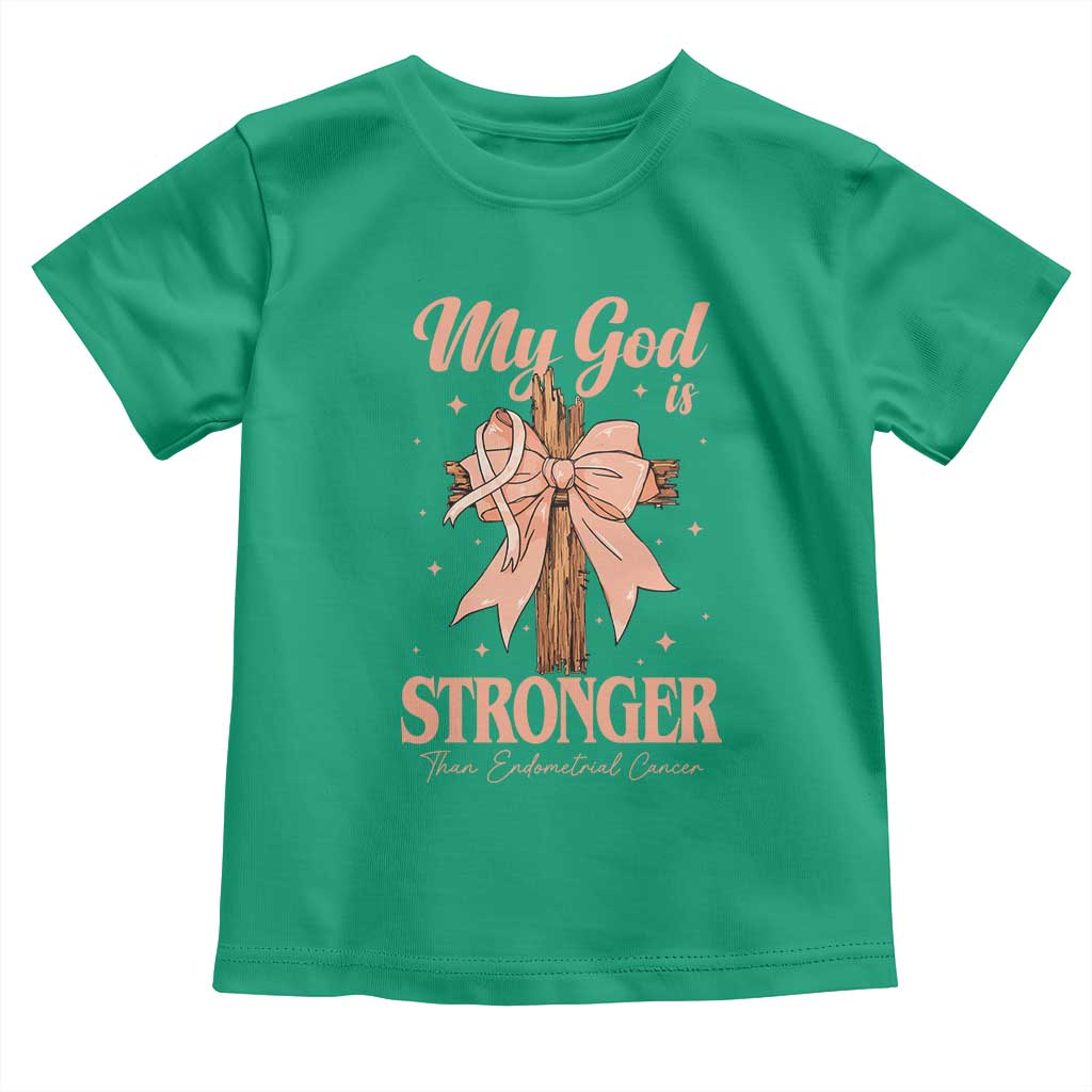 Endometrial Cancer Faith Peach Ribbon Toddler T Shirt My God Is Stronger Than Endometrial Cancer