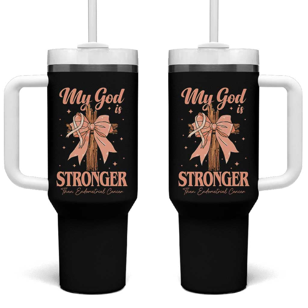 Endometrial Cancer Faith Peach Ribbon Tumbler With Handle My God Is Stronger Than Endometrial Cancer