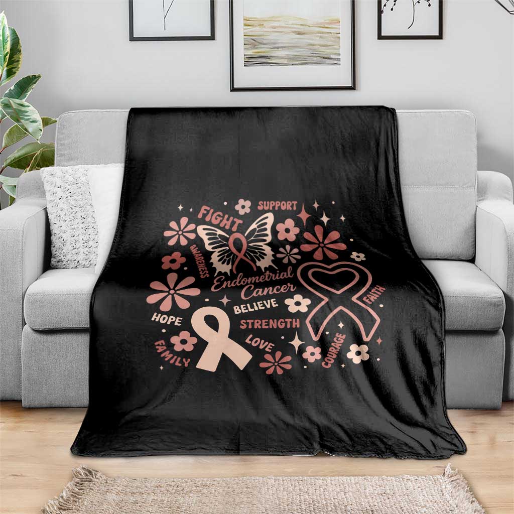 Floral Butterfly Endometrial Cancer Awareness Throw Blanket Believe Strength Faith